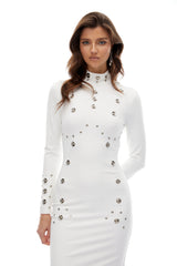 Yasmine Yüksek Yakalı Zımbalı Uzun Elbise