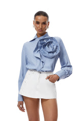 Torhild Mavi 3D Yaprak Desenli Gömlek