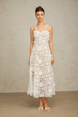 Carole beyaz dantel tül panelli midi elbise