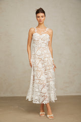 Carole beyaz dantel tül panelli midi elbise