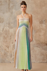 Ulysse Yeşil Metalik Örgü Halter Yaka Uzun Elbise