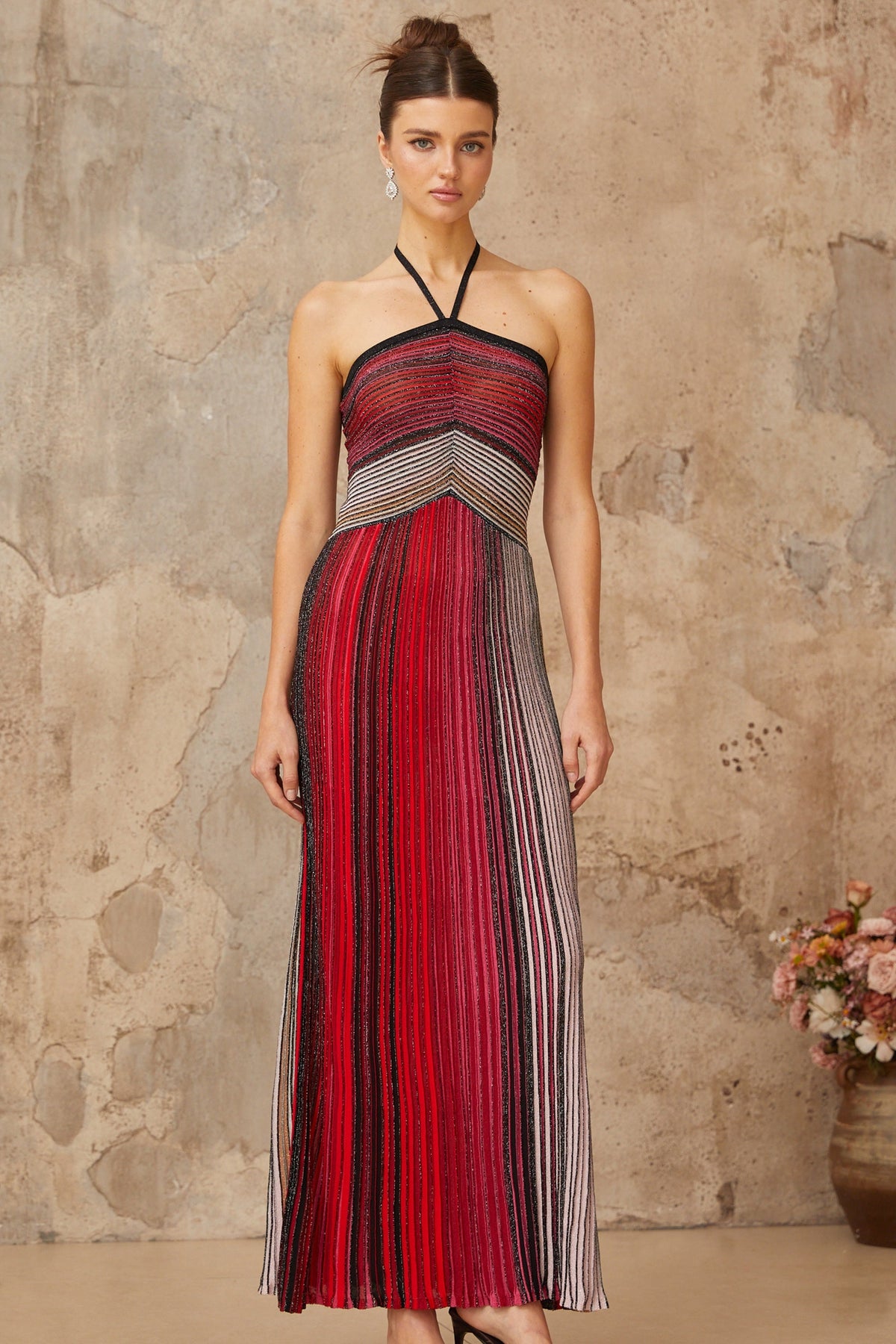 Ulysse Kırmızı Metalik Örgü Halter Yaka Uzun Elbise