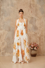 Mariah Beyaz Çiçek Desenli Fırfırlı Tül Uzun Elbise