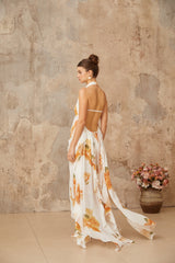 Mariah Beyaz Çiçek Desenli Fırfırlı Tül Uzun Elbise