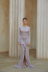 Xenia Mor Volan Detaylı Uzun Elbise Ön Yırtmaçlı