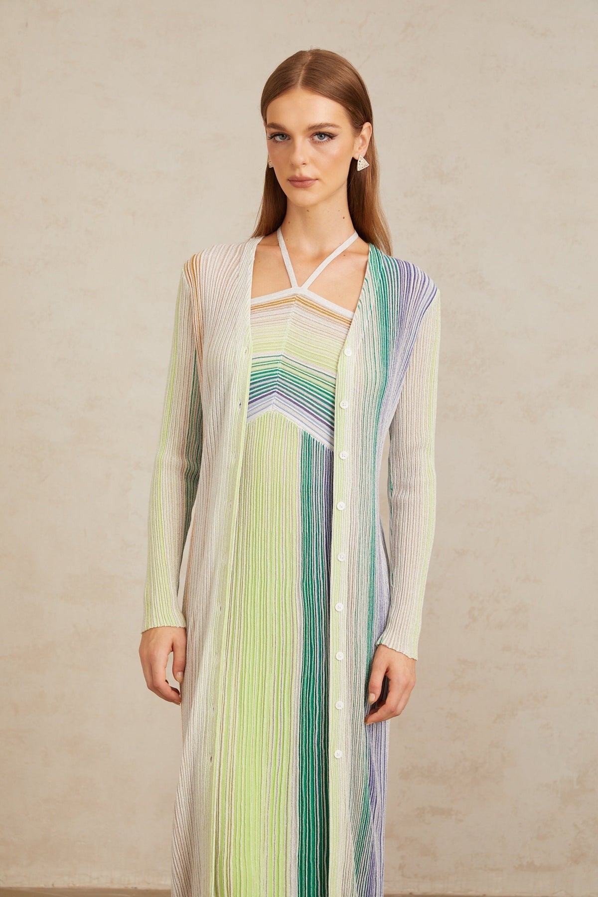 Serelith Yeşil Metalik Örgü Uzun Hırka