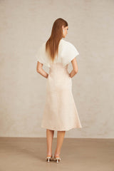 Clémence 3D Yapraklı Beyaz Dokulu Midi Elbise