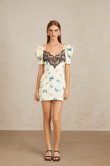 Sirkka Beyaz Kelebek Desenli Saten Mini Elbise