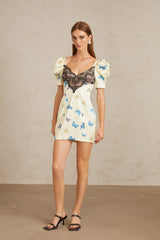 Sirkka Beyaz Kelebek Desenli Saten Mini Elbise