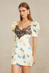 Sirkka Beyaz Kelebek Desenli Saten Mini Elbise
