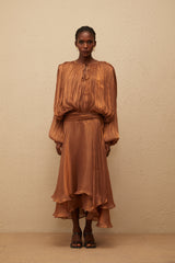 Eugénie Kahverengi Pileli Volanlı Uzun Elbise