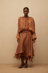 Eugénie Kahverengi Pileli Volanlı Uzun Elbise