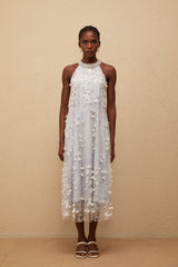 Quitterie Mavi Süslemeli Çiçekli Tül Midi Elbise