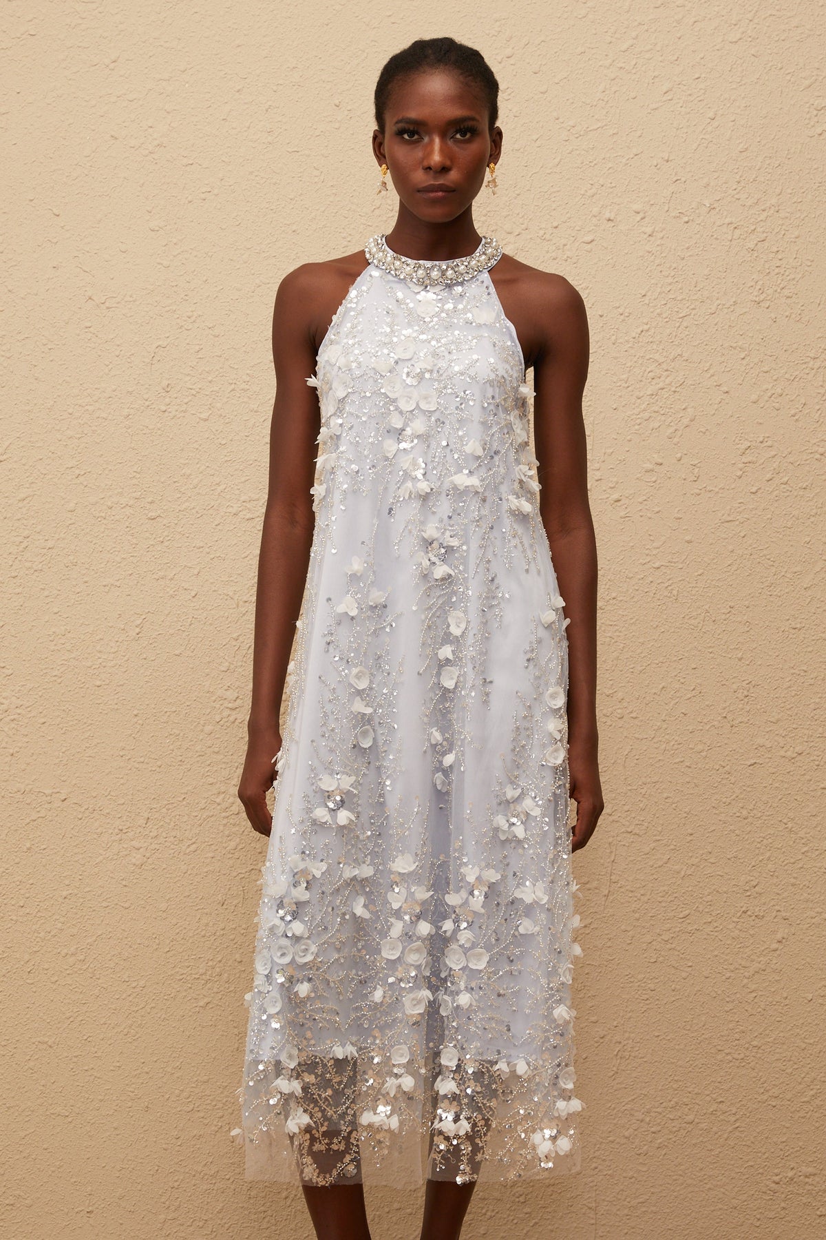 Quitterie Mavi Süslemeli Çiçekli Tül Midi Elbise