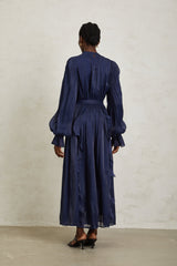 Nanette Koyu Mavi Parlak Pileli Uzun Elbise