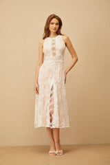 Kiraz Beyazı Açık Sırtlı Çiçekli Dantel Midi Elbise