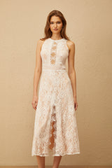 Kiraz Beyazı Açık Sırtlı Çiçekli Dantel Midi Elbise