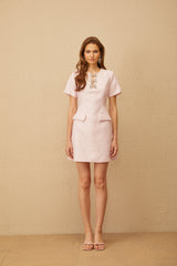 Cléophée Pembe Fiyonklu Payetli Tweed Mini Elbise