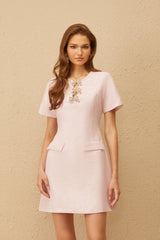 Cléophée Pembe Fiyonklu Payetli Tweed Mini Elbise