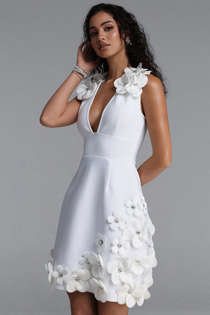 Taj Chic Contour Derin V Yaka Çiçek Desenli Kontrast Bandaj Beyaz Mini Elbise