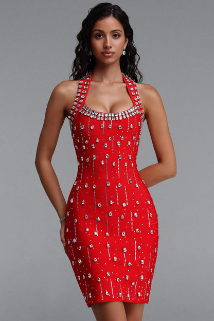 Halter Rhinestone Kırmızı Bandaj Mini Elbise