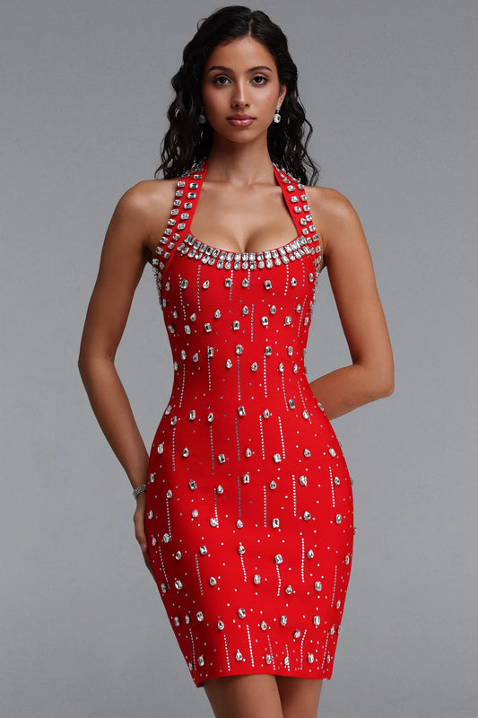 Halter Rhinestone Kırmızı Bandaj Mini Elbise