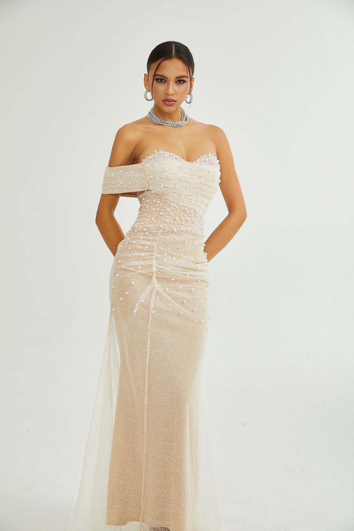 Sabine Sahte İnci Süslü Maksi Elbise