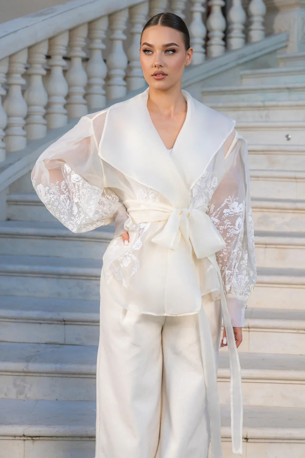 Arella Desenli ve Kabarık Kollu Organze Blazer