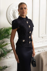 Tweed Süslemeli Üst ve Saten Uzun Etekten Oluşan Takım Elbise - Lacivert