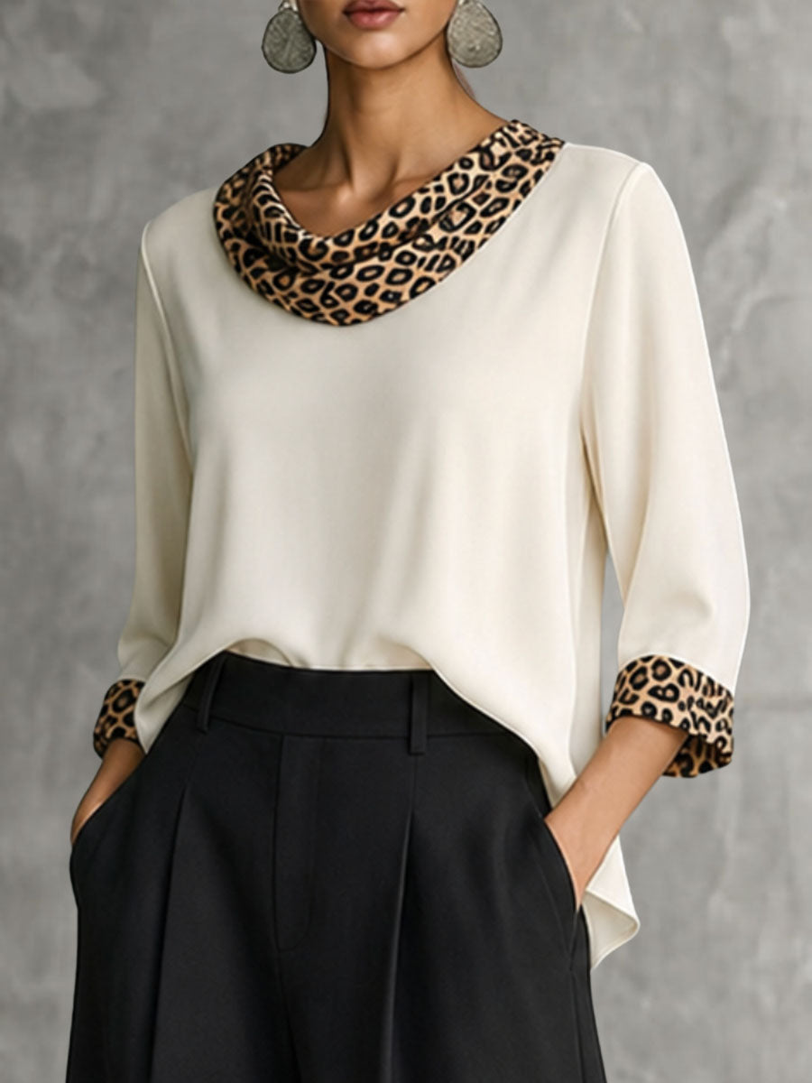 Bol Kesim Leopar Desenli 3/4 Kollu Bluz