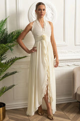 Rozet Bağcık Detaylı Fırfırlı Askılı Uzun Elbise - Fildişi