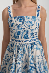 Mavi Çiçek ve Paisley Desenli Dar Mini Elbise - Beyaz