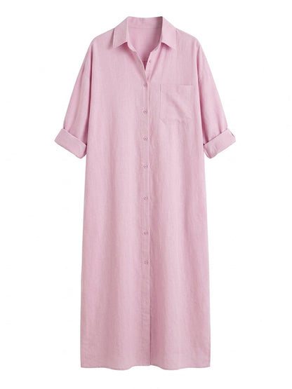 Bol Kesim Düz Renk Uzun Kollu Cepli Düğmeli Uzun Elbise