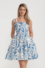 Mavi Çiçek ve Paisley Desenli Dar Mini Elbise - Beyaz