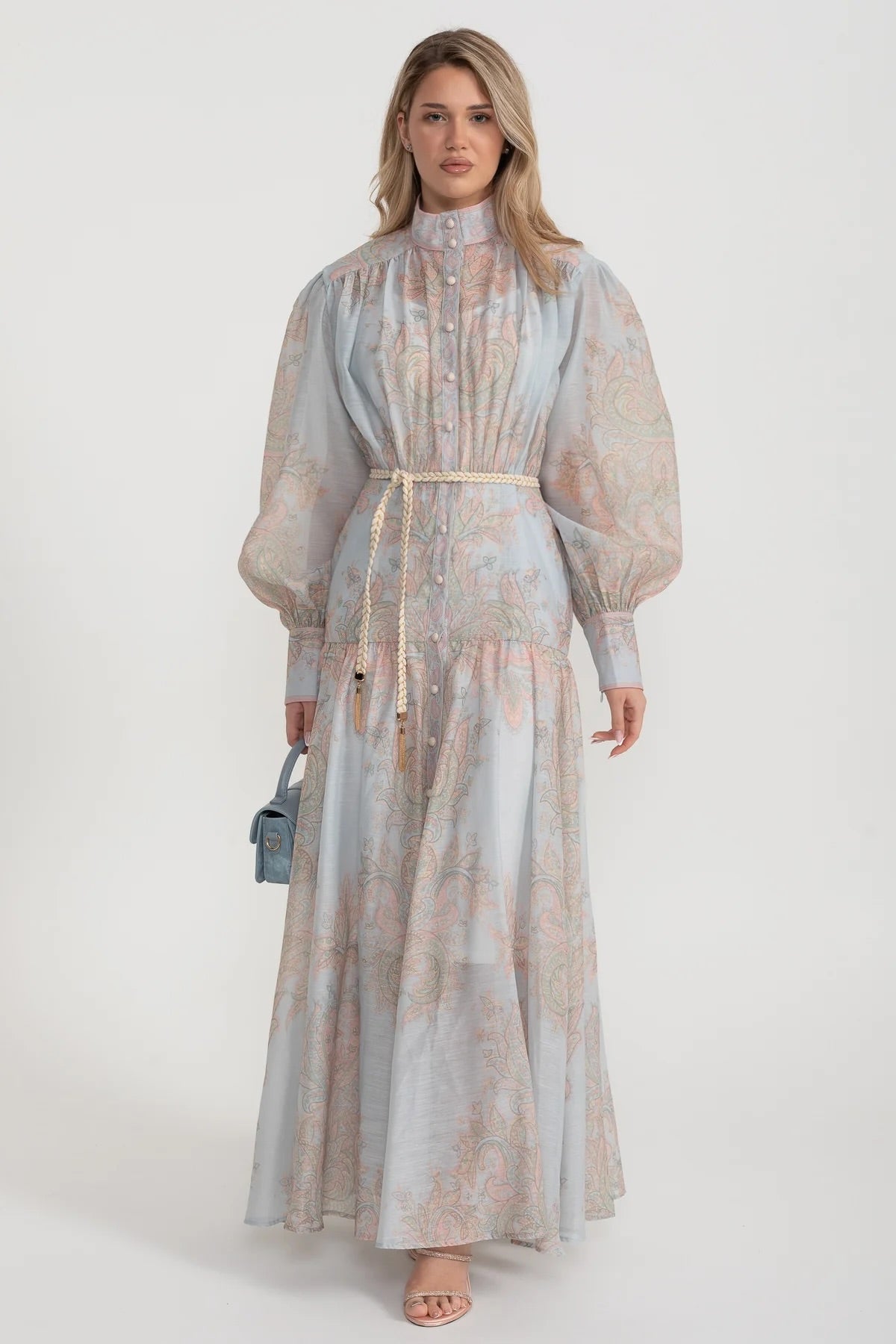 Paisley Desenli Düğmeli Uzun Elbise Halat Kemerli – Açık Mavi