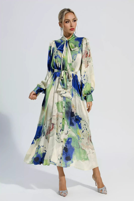 Anne Çiçekli Tie Dye Uzun Kollu Maxi Elbise