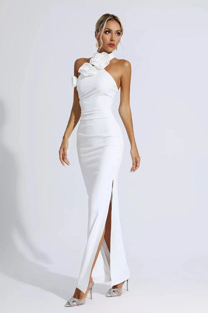 Natalie Kırmızı Çiçekli Fırfırlı Halter Maxi Elbise