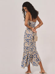 Çiçek Desenli Düğümlü Düzensiz Etek Uzun Elbise