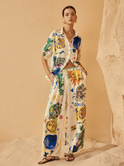 Saten Graffiti Yaka Pantolon Takımı