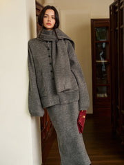 Düz Düğmeli Kazak Etek Takımı Eşleşen Eşarp ile