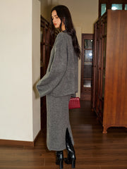 Düz Düğmeli Kazak Etek Takımı Eşleşen Eşarp ile