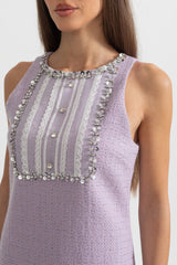 Payet ve Dantel Süslemeli Dokulu Mini Elbise - Mor