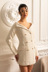 Dekoratif Altın Düğmeli Kruvaze Dokulu Elbise