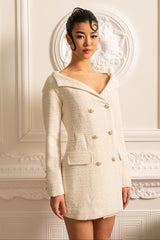 Dekoratif Altın Düğmeli Kruvaze Dokulu Elbise