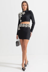 Elmas Çiçek Vurgulu 2 Parça Uzun Kollu Üst ve Mini Etek Takımı