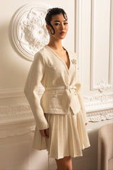 Uzun Kollu Üst ve Uyumlu Pileli Mini Etekli Dokulu  - Fildişi