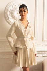 Uzun Kollu Üst ve Uyumlu Pileli Mini Etekli Dokulu  - Fildişi