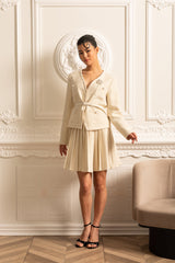 Uzun Kollu Üst ve Uyumlu Pileli Mini Etekli Dokulu  - Fildişi