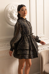 Leopar Desenli Uzun Kollu Katmanlı Etekli Elbise