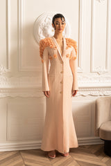 Kontrast Çiçekli Omuz ve Sırt Vurgulu Uzun Palto